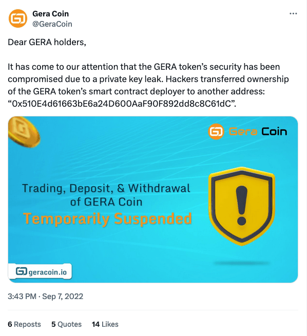 Source: https://twitter.com/GeraCoin/status/1567538962410995713